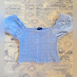 baby blue crop top with princess poof sleeves 💙